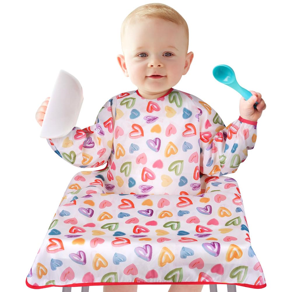 Vicloon Bavaglini Neonato, Bavaglino Svezzamento Seggiolone, Bavaglini Impermeabili Maniche Lunghe Bavaglino Avvolgente Seggiolone, Unisex, per Bambini dai 6 Mesi ai 3 Anni (Motivo a Cuore Colorato)