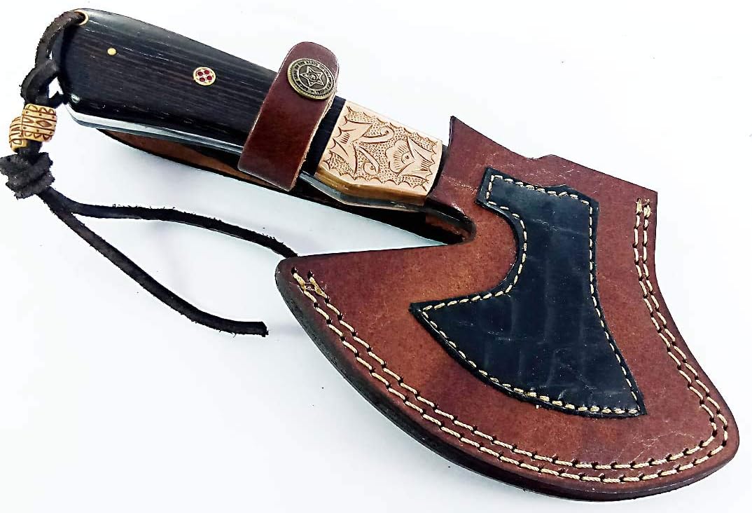 Dessi Handmade Damascus Steel Axe Hatchet Wenge Wood Handle Brass Engraved Bolster Leather Sheath Camping Bushcraft EDC Tomahawk Gift Men SM45