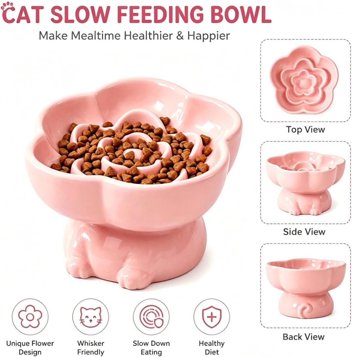 Cute Pink Raised Ceramic Flower Slow Feeder Cat Bowl | Tilted Elevated Design, Anti-Vomiting, Whisker Friendly, Cat Dish for Dry & Wet Food, Cat Paws & Tail