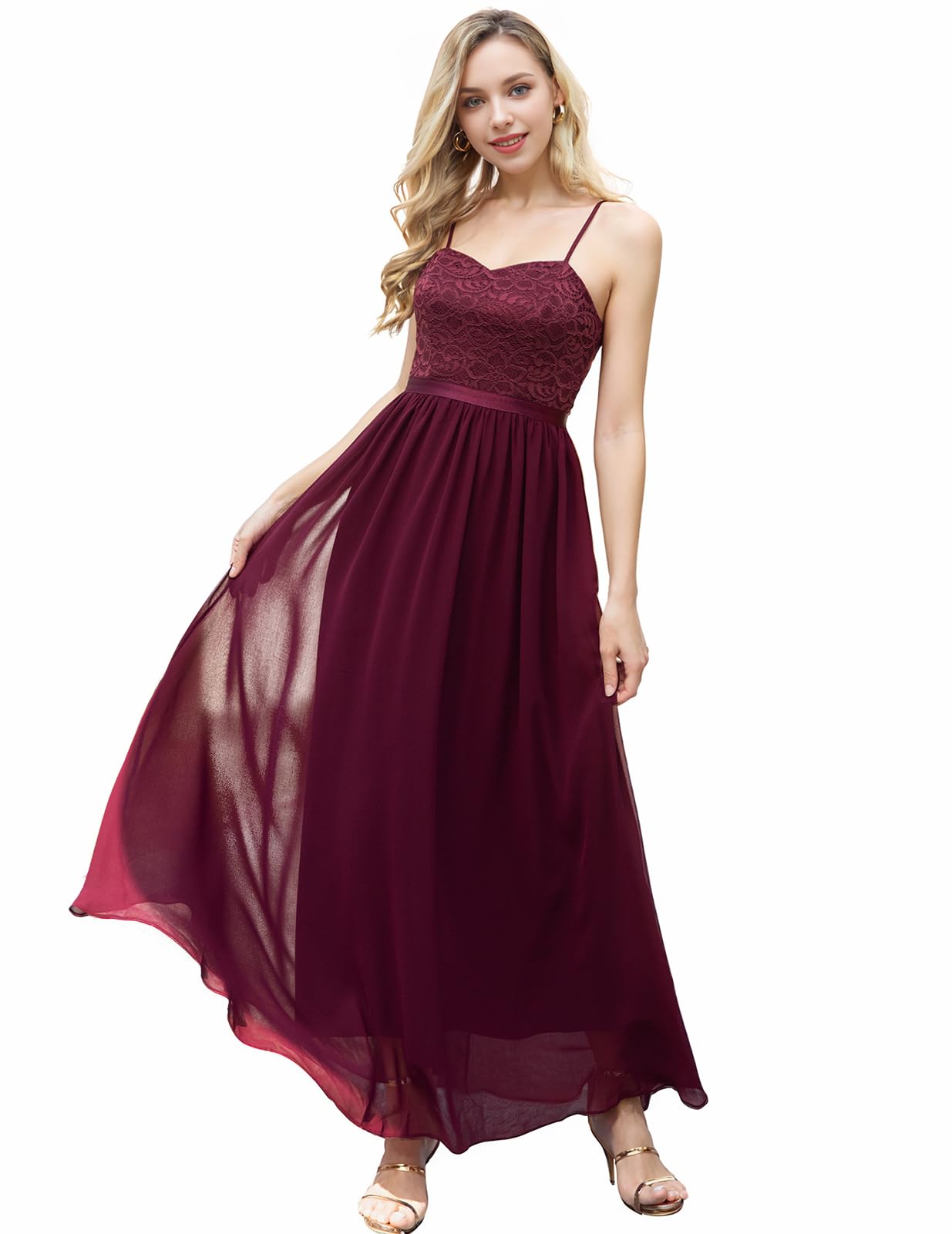 DRESSTELLS Abendkleider Elegant für Hochzeit Festlich Ballkleid Damen Lang Brautkleid Standesamt Brautjungfernkleider mit Spaghettiträger Jugendweihe Kleider