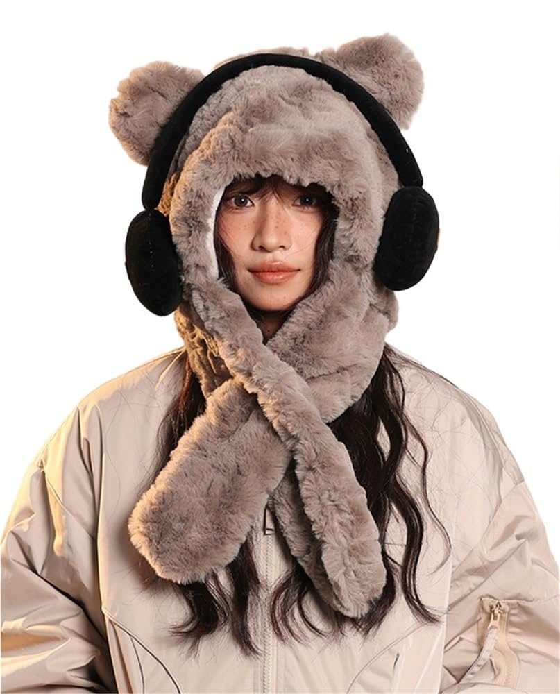 Bonnet écharpe ours gris pour femme : protection thermique intégrale en fausse fourrure douce