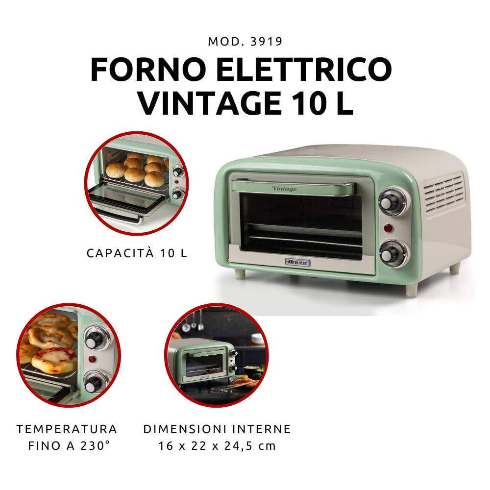 Ariete 3919 Forno Elettrico Vintage 800W 10L Doppio Vetro Zielony