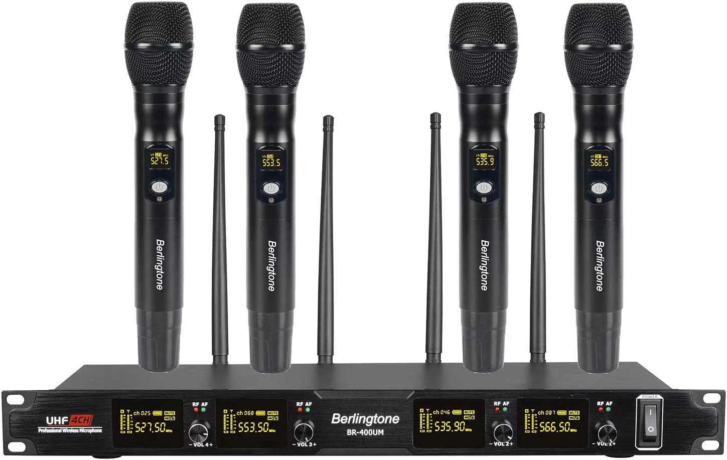 Berlingtone) 4-Channel Professional UHF Wireless Dynamic Microphone Systems, 4 Independent Antenna, 4 Fixed Frequency Channel, Metal Mic, Base, Wedding, Church, DJ, Party, up 260ft Range (BR-400UM)