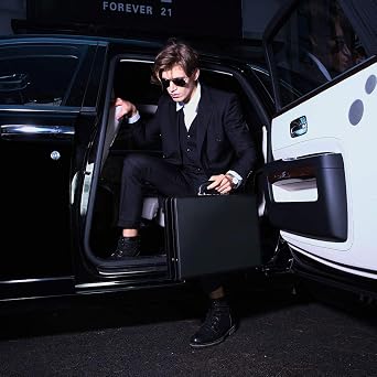 Leather Mens Briefcase Hardsided Attache Hard Shell Vintage Outlook Organized Interior- Black DA2810