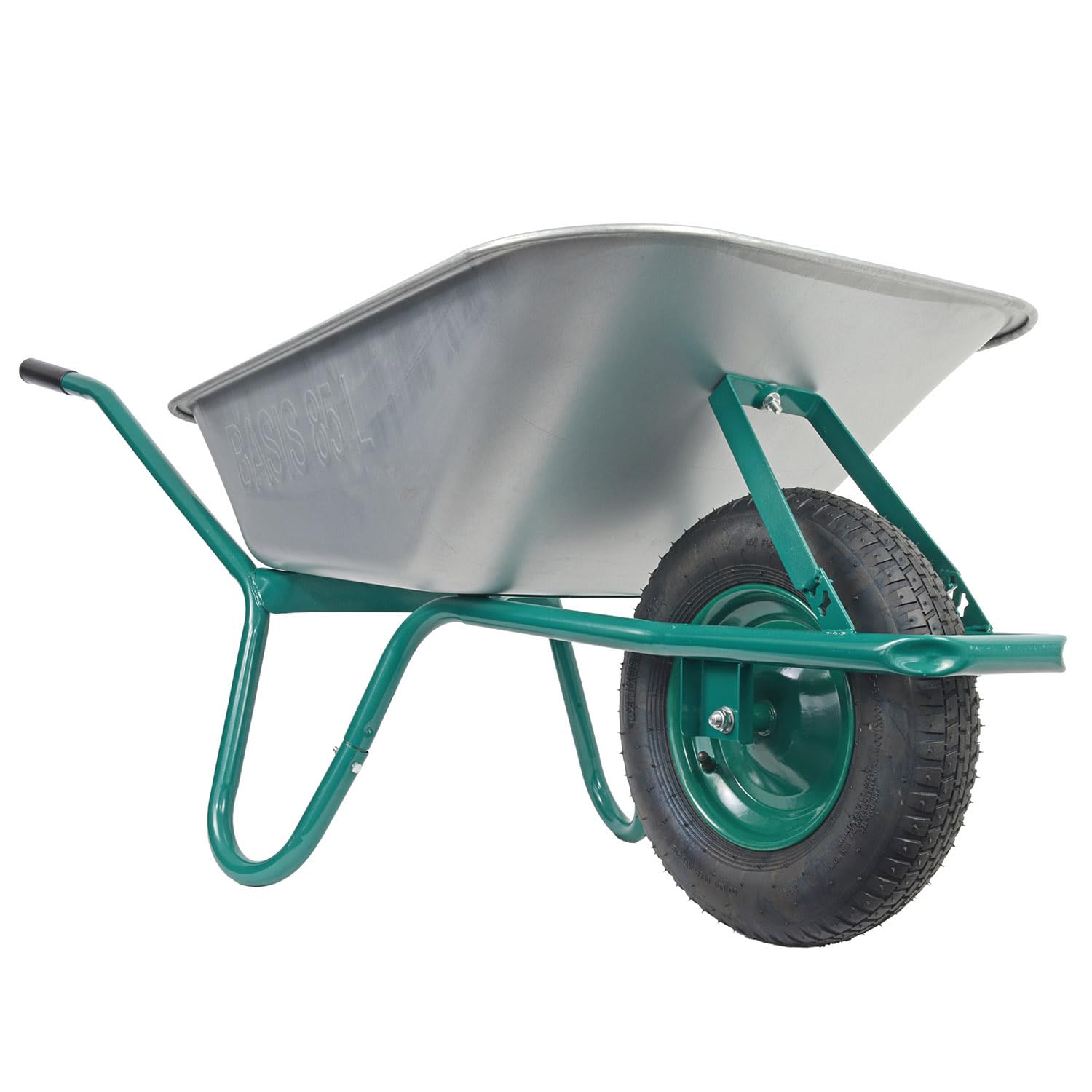 HBH Schubkarre 85 Liter Garten, grün | bis 160kg Tragkraft, Luftrad 4,00-8, Stahlfelge mit Kugellager, verzinkte Stahlmulde, mit Muldenstützbügel und Kippbügel
