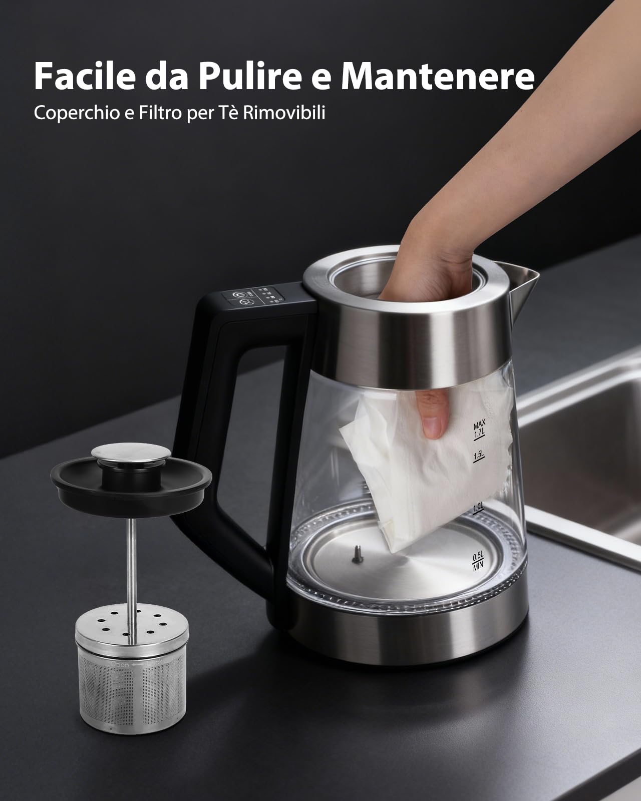 Aigostar Bollitore Elettrico Temperatura Regolabile, Senza BPA Rivestimento Ceramico | Rivestimento Ceramico Anticalcare, 1,7 Litri, 2200 Watt, Teiera Elettrica con Infusore, Funzione di Mantenimento Calore