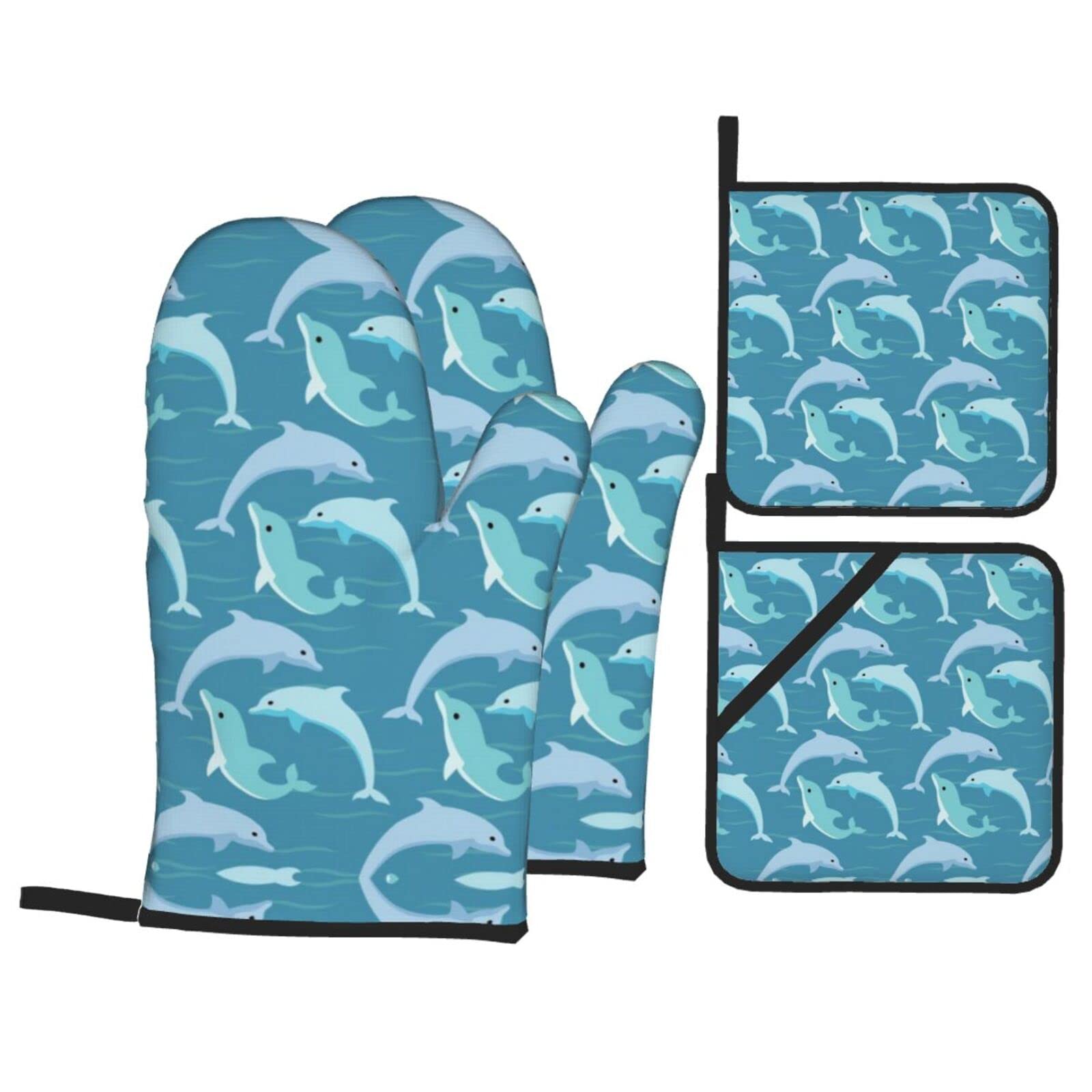 Dolphin Oven Mitt and Pot Holder 4-Piece Set for Kitchen, Outdoor Grill, Baking