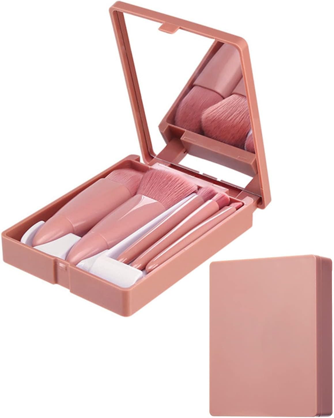 Travel Size Makeup Brushes Set Mini Makeup Brushes, Small Complete Function Cosmetic Brushes Kit with Case and Mirror Perfect for On The Go, 5PC (Mini Pink)