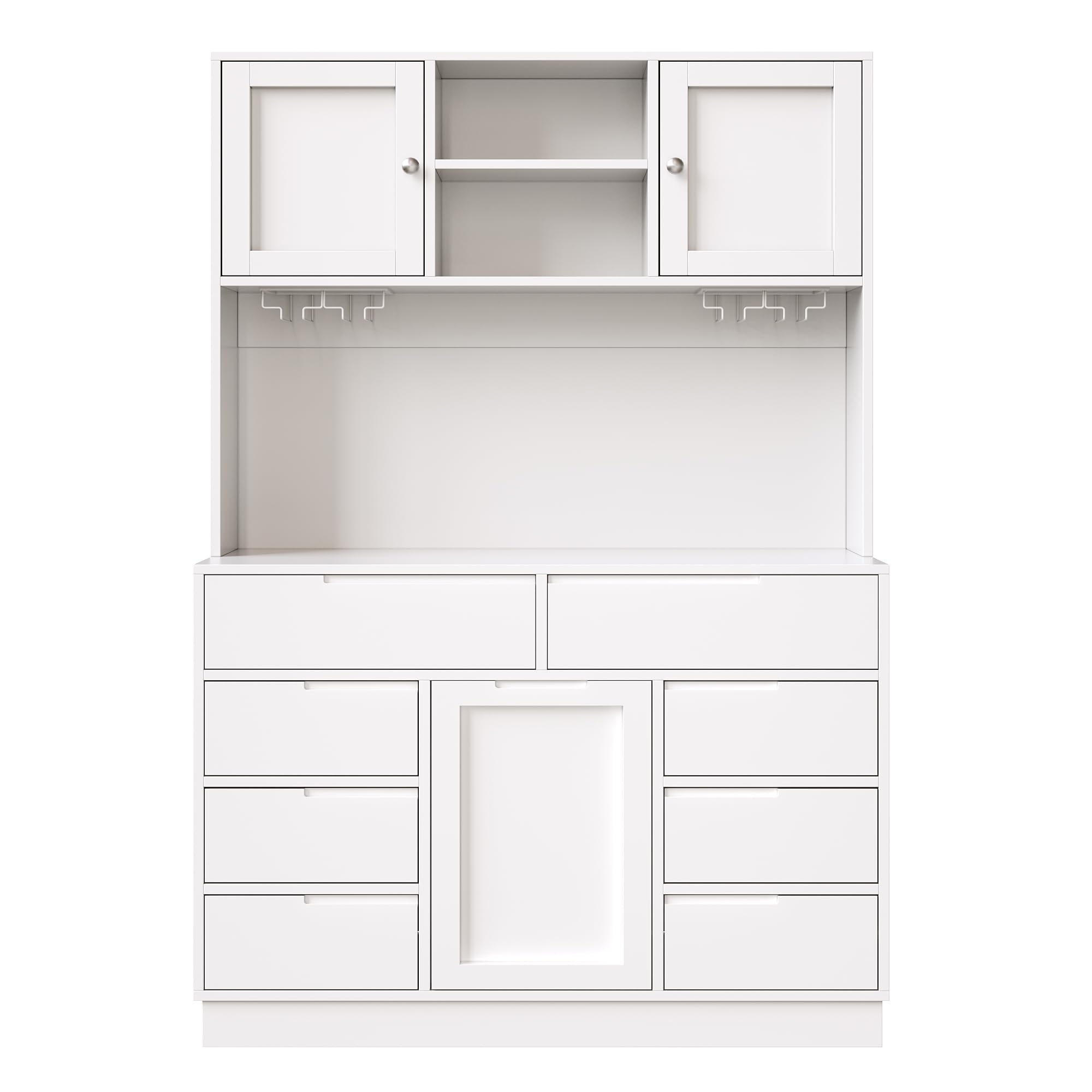 Küchenschrank Hochschrank mit LED-Beleuchtung und Arbeitsplatte | 92 cm Höhe Mehrzweckschrank mit 8 Schubladen | Vitrine Buffetschrank für Wohnzimmer und Küche | Haushaltsschrank in Weiß