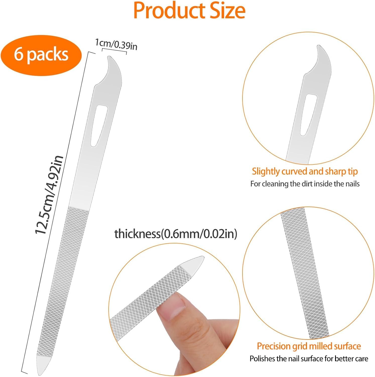 6-Pack Metal Nail Files with Cleaner Tip - 5.5" Stainless Steel Double-Sided Nail File Set for Natural Nails & Toenails | Curved Sharp Point | Manicure & Pedicure Tools for Home or Salon Use 1