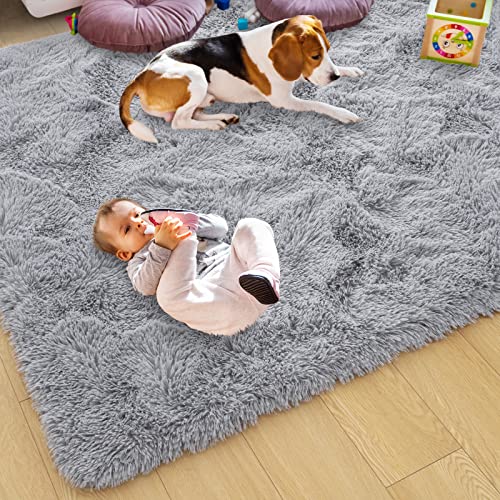 Ultra Soft Grey Rugs For Bedroom 4X6 Feet, Fluffy Shag Area Rugs For Living Room, Large Comfy Furry Rug For Boys Kids Baby Room Decor, Non Slip Nursery Rug Modern Indoor Fuzzy Floor Carpet #TOP4
