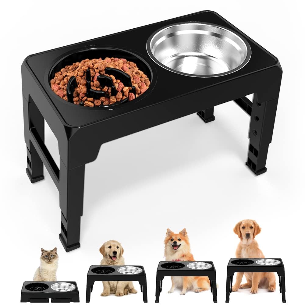 Ciotola per cani rialzata, ciotola per cani con slow feeder, supporto per cani grandi/medi/piccoli, con ciotola anti-imbracatura, per cani, 4 marce, regolabile in altezza