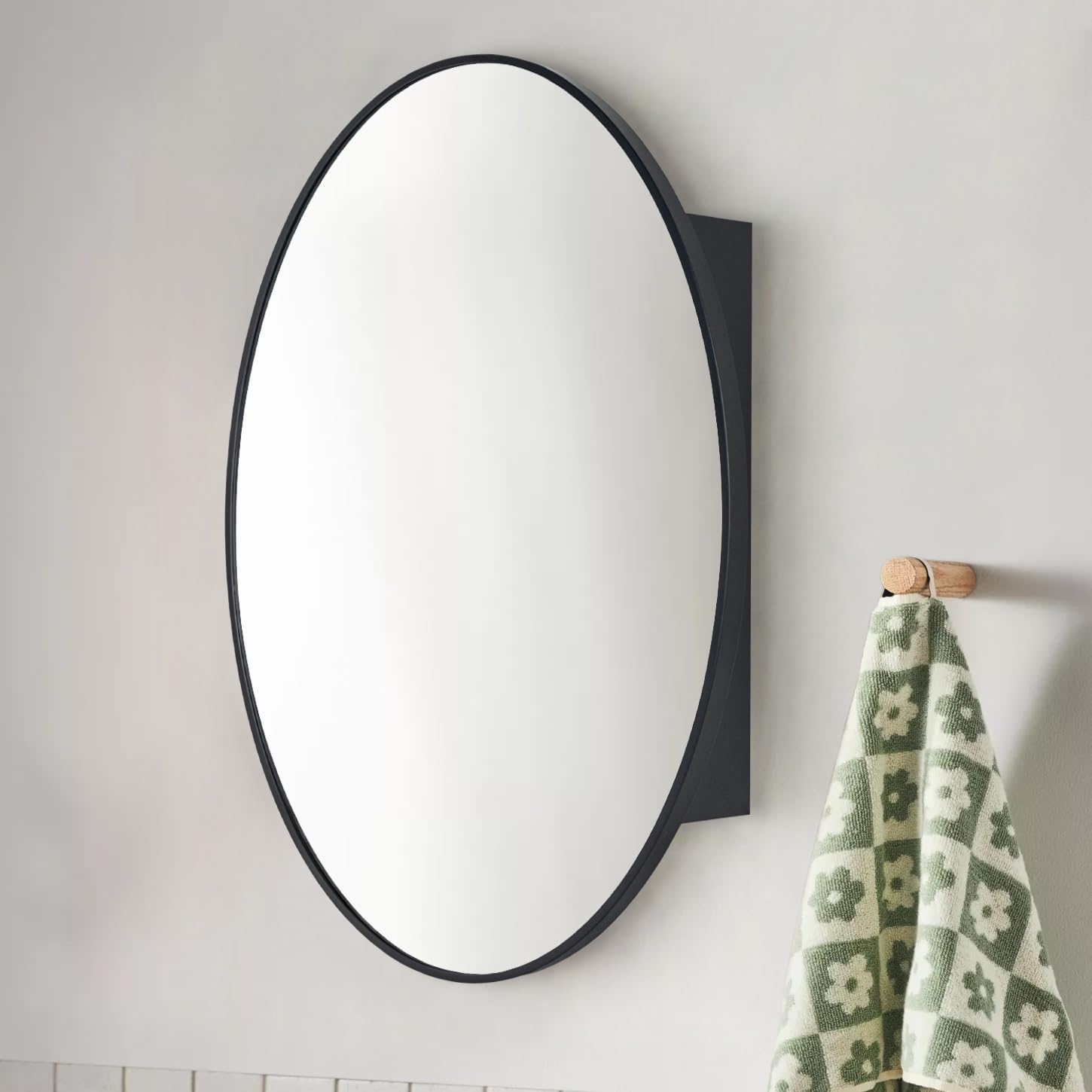 Surface Mount Black Oval Bathroom Medicine Cabinet with Mirror Metal Framed Oval Bathroom Storage Cabinet, 20x30''
