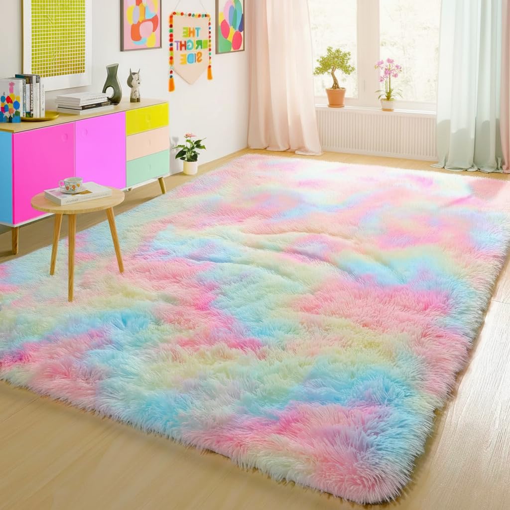 Oxford Homeware Shaggy Rugs Living Room 140 x 200 cm Rainbow Rug for Bedroom Non Slip Fluffy Carpet Non-Shedding Thick Soft High Pile Rug Kids Room