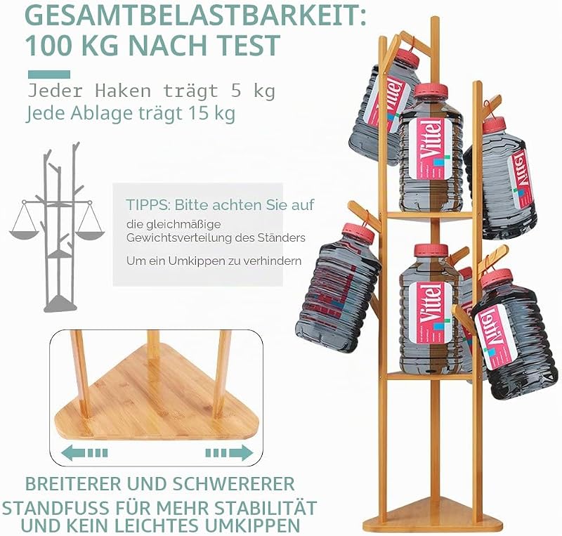 unho Bamboo Fa Alakú Ruhaállvány 8 Horgos 3 Polcos Kabátfal Előszobához