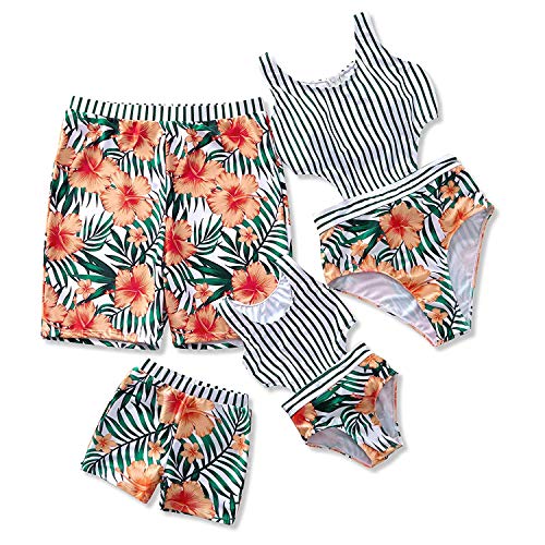 IFFEI Family Matching Swimwear One Piece Floral Printed Bathing Suit Tank Top Striped Beachwear Girls: 8-9 Years