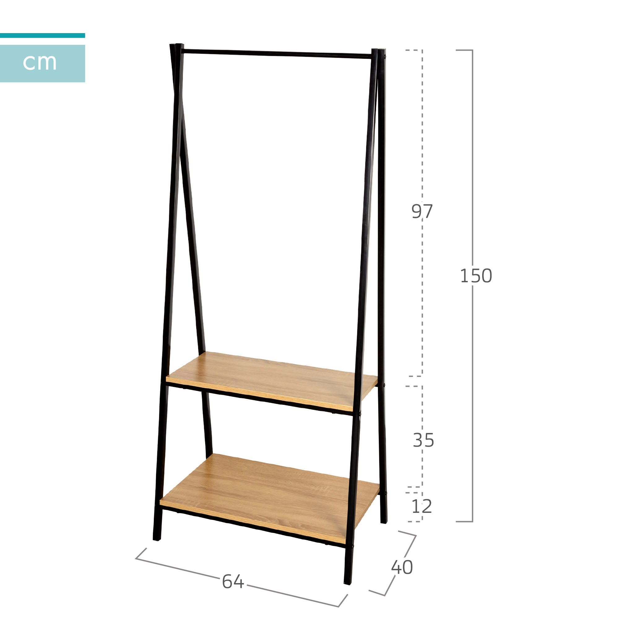 AKTIVE 18430 MAX Home Burro Ropa, Perchero de pie y Zapatero Entrada recibidor, 2 estantes de Almacenamiento, 64 x 40 x 150 cm, Industrial, Armario Abierto