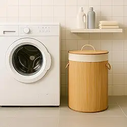 Cesto de Bambu Claro com Tampa para Roupas Sujas. Ideal para Lavanderia, Área de Serviço, Banheiro e Quarto. Forro Removível com Aro de Aço para Fixação, Dobrável, Alça de Corda Macia, Cor Bege