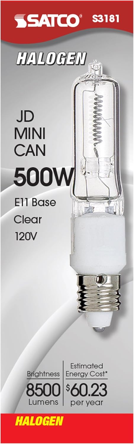 Satco S3181 120V 500-Watt T4 E11 Base Light Bulb, Clear