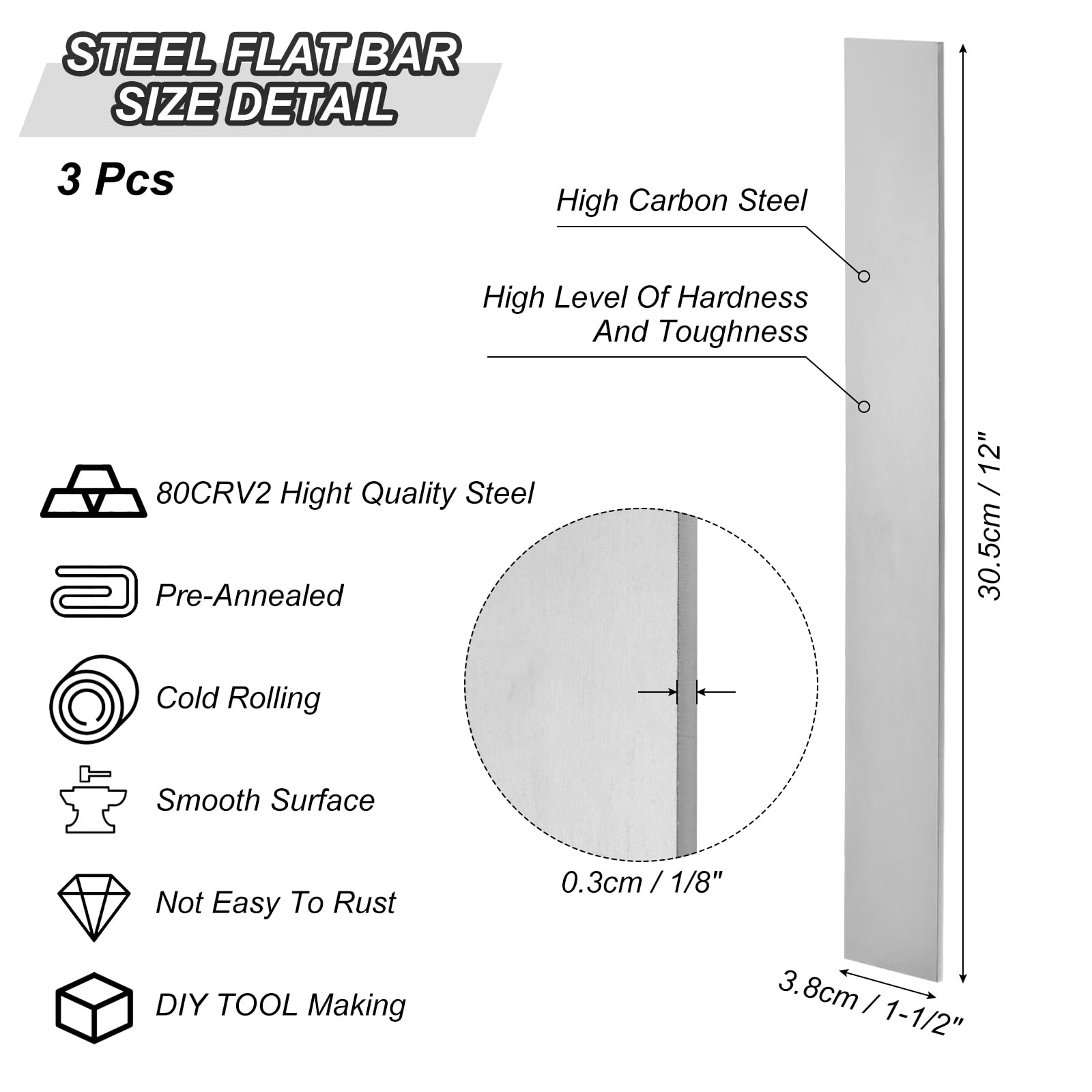 PATIKIL 3 Piezas 80Crv2 Acero para Fabricación de Cuchillos 12" x 1-1/2" x 1/8" Acero Recocido Laminado en Frío para Hoja de Metal en Blanco DIY