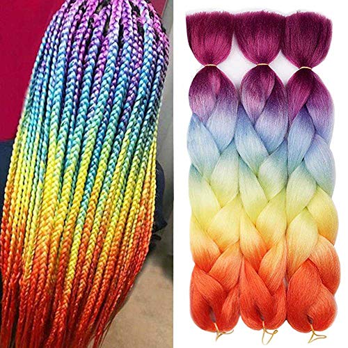 AIDUSA Ombre Colors Braiding Hair Ombre 3pcs Synthetic Braid Hair Extensions 24 Inch Three Tone Ombre Orange Yellow Blue Purple Braids for Box Braids Twist Crochet Braids 100g (#60 Rainbow Color）