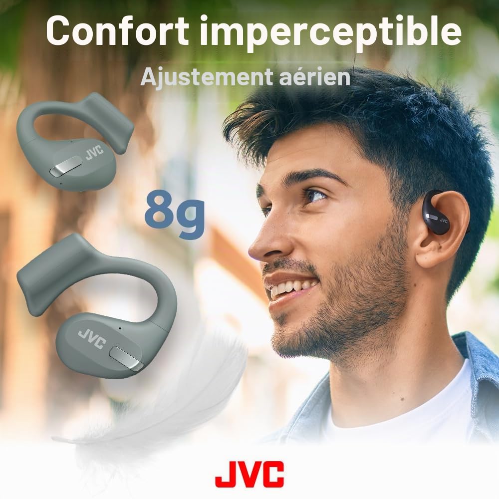 JVC Nearphones HA-NP50T-G True Wireless, Design Oreilles Libres, Ecoutez de la Musique sans Vous Couper du Monde, Légers, ANC pour Les appels, IPX4, 38 h d'autonomie, BT 5.3, Vert Sauge