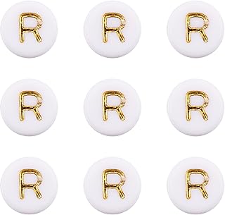 Cheriswelry 50g/360pcs Flat Round Letter Alphabet Beads with Gold Letter R Acrylic Disc Coin Pony Bead Spacers for Girl Je...