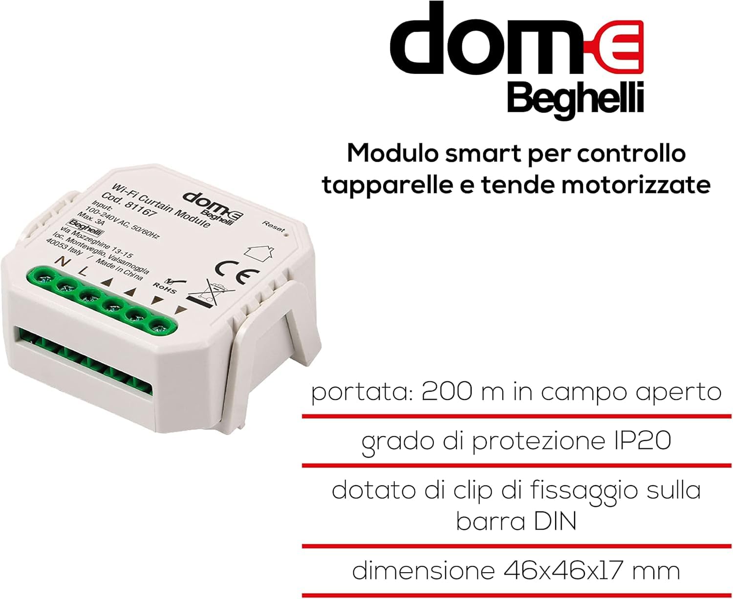 Beghelli - Dom-e WLAN-Rollladenschalter, Steuerung über Smartphone, Alexa und Google Assistant, Dom-E App, Weiß