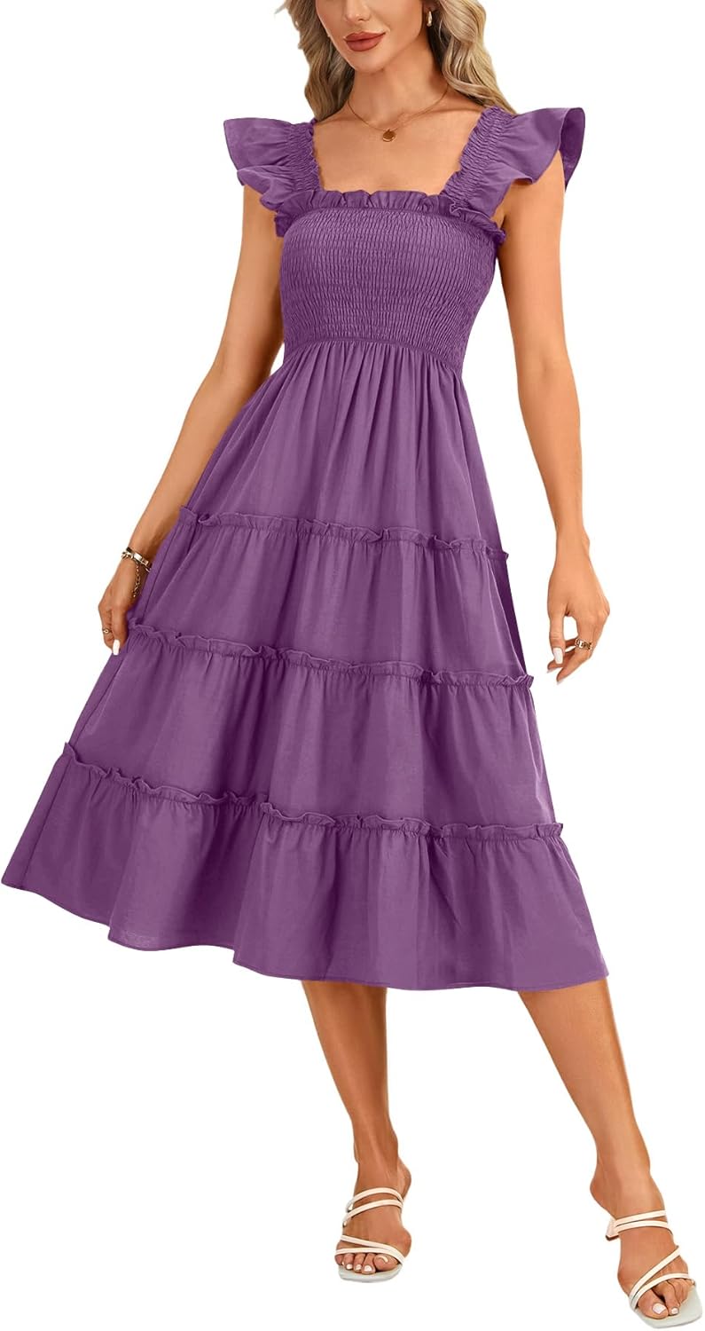 Rooscier Women's Square Neck Smocked Ruffle Sleeveless Tiered A Line Sundress Midi Dress Purple Large - Image 4