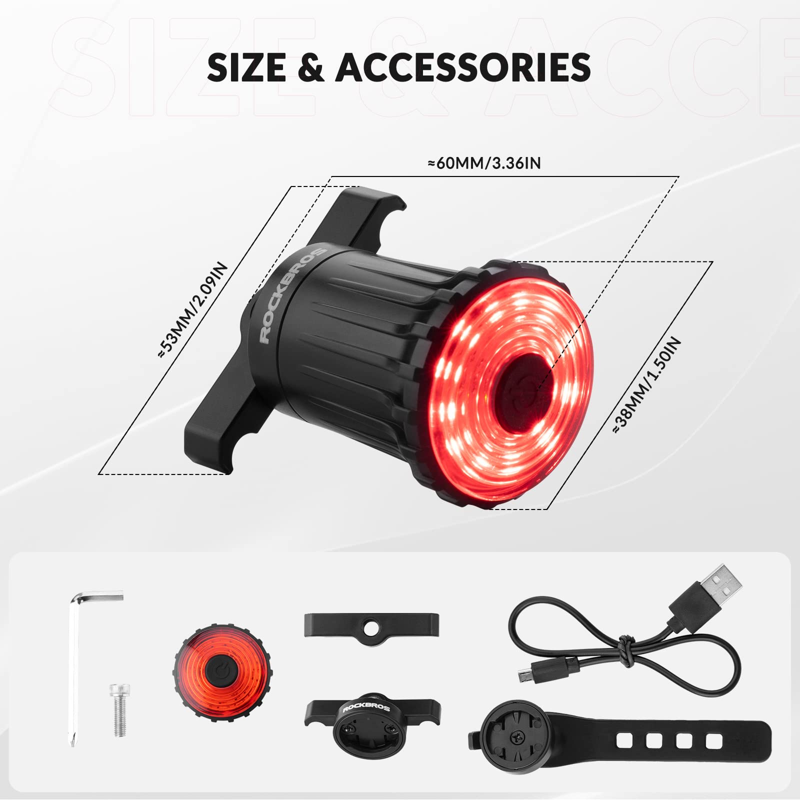 ROCKBROS Luce Posteriore Bici, Fanalino Luci Intelligente per Bicicletta MTB, USB Ricaricabile, 2 Modi Installazione Facile, 7 Modalità di Illuminazione, Impermeabile