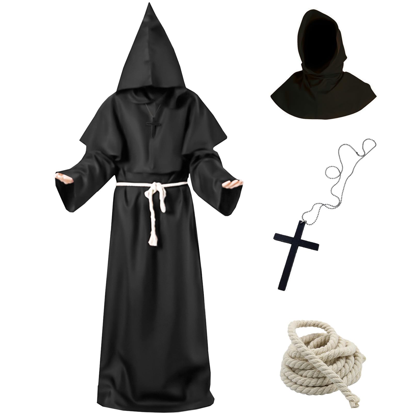 Disfraz Monje,Halloween Disfraz de Monje,Traje de Mago Medieval,Túnica de Sacerdote Renacentista,Accesorios de Cosplay de Halloween para Disfraces,Mardi Gras
