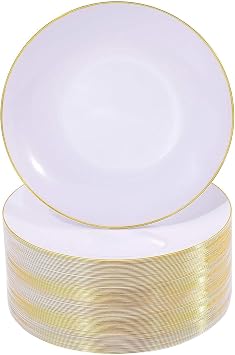 Nervure 100PCS White with Gold Rim Plastic Plates, 7.5 Disposable Plates