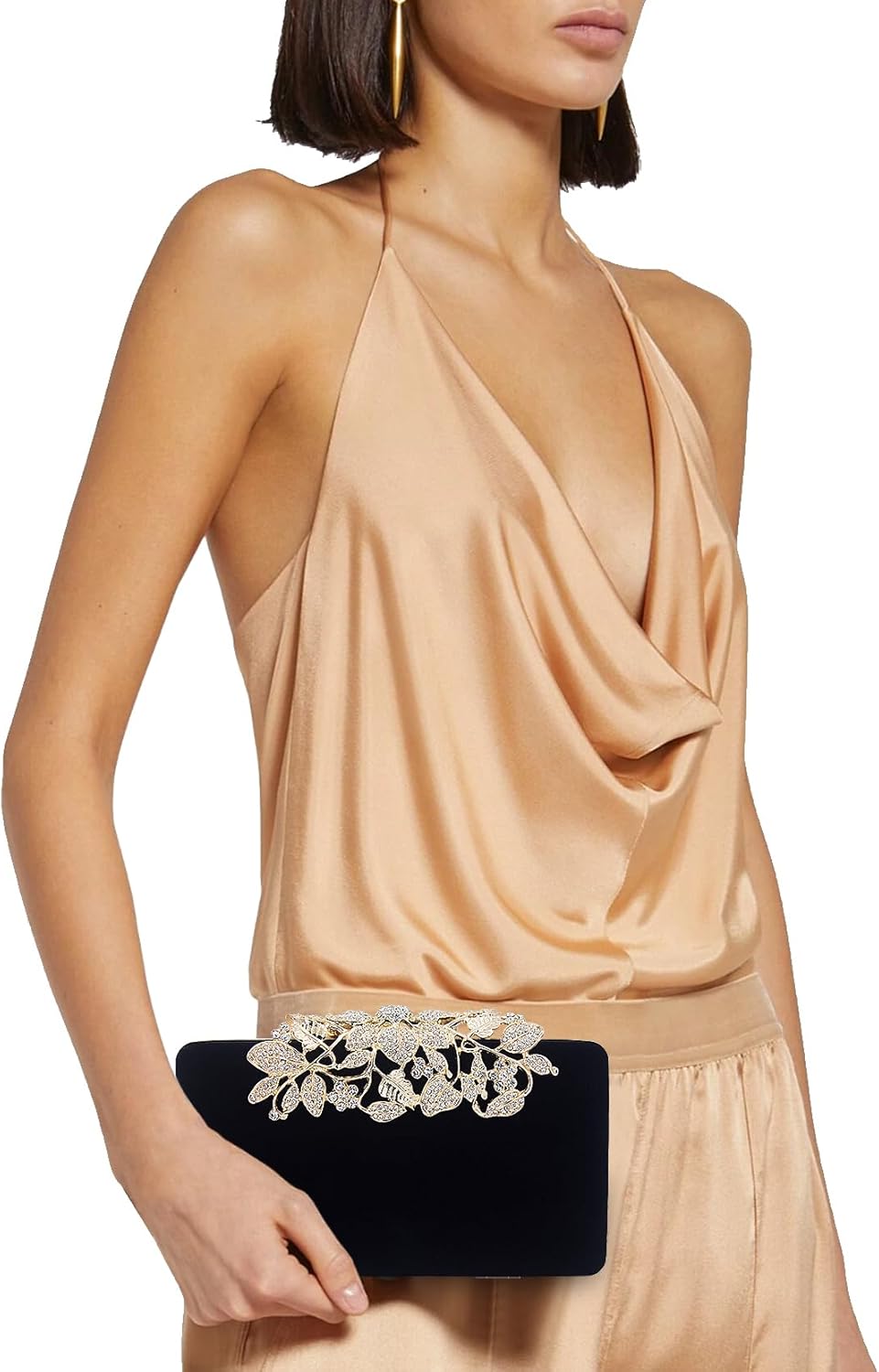 Womens Evening Bag with Rhinestone Crystal Flower Closure Velvet Clutch Purse for Wedding Party Black