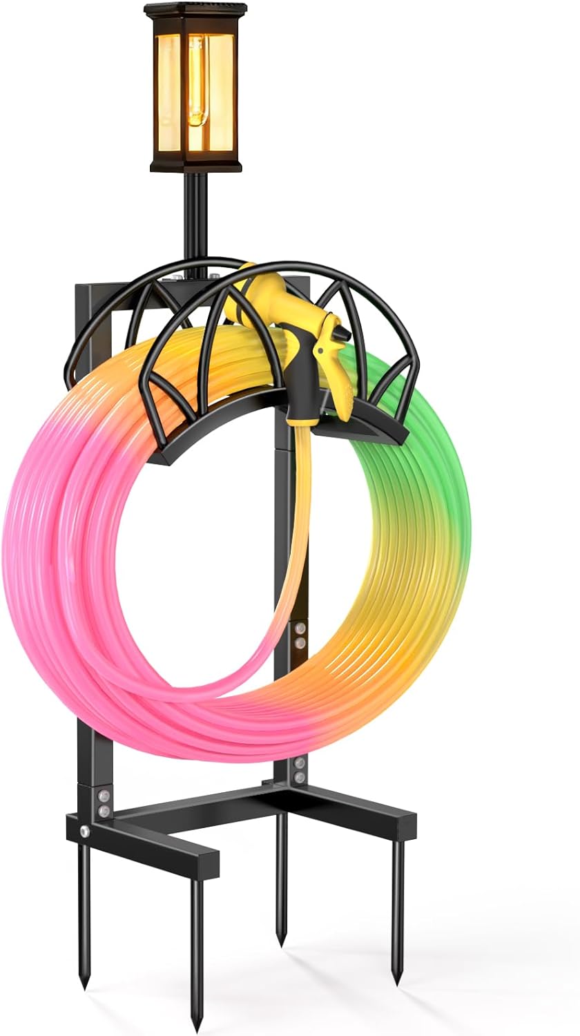 HZE Garden Hose Holder, Freestanding Water Hose Holder Stand for Outside with Solar Light, Heavy Duty Detachable Metal Garden Tube Storage Hanger Rack Holds 160 FT for Yard Lawn Farm, Black