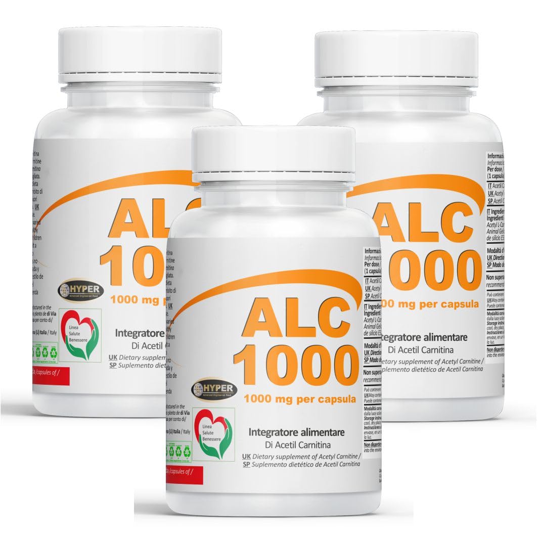 Hyper ACETIL L-CARNITINA 1000 MG per capsula | ALCAR Acetyl L-Carnitine + Energia favorisce il Metabolismo dei Grassi Attività Fisica intensa | Palestra, Sport Allenamento | 3 Flaconi da 60 Capsule