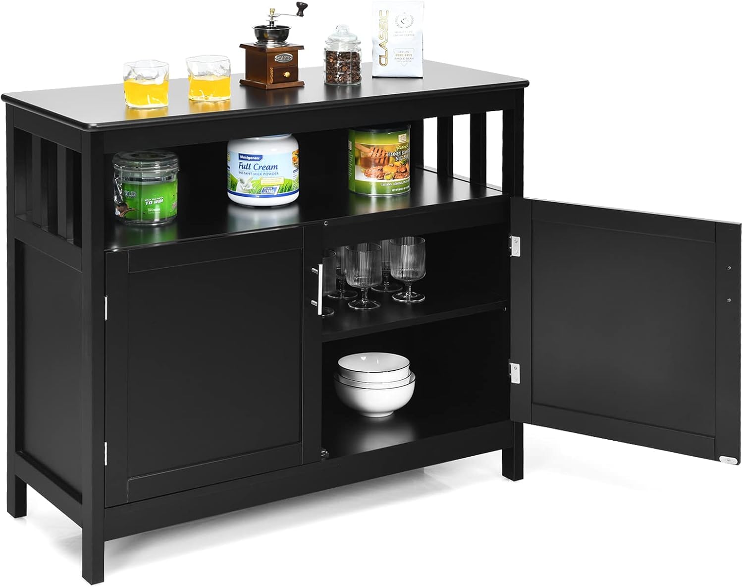 HAPPYGRILL Kitchen Buffet with Storage, Wooden Sideboard Storage Cupboard w/5-Position Adjustable Shelf, 2 Door and Large Tabletop, Buffet Server Cabinet Console Table for Entryway Dinging Room, Black
