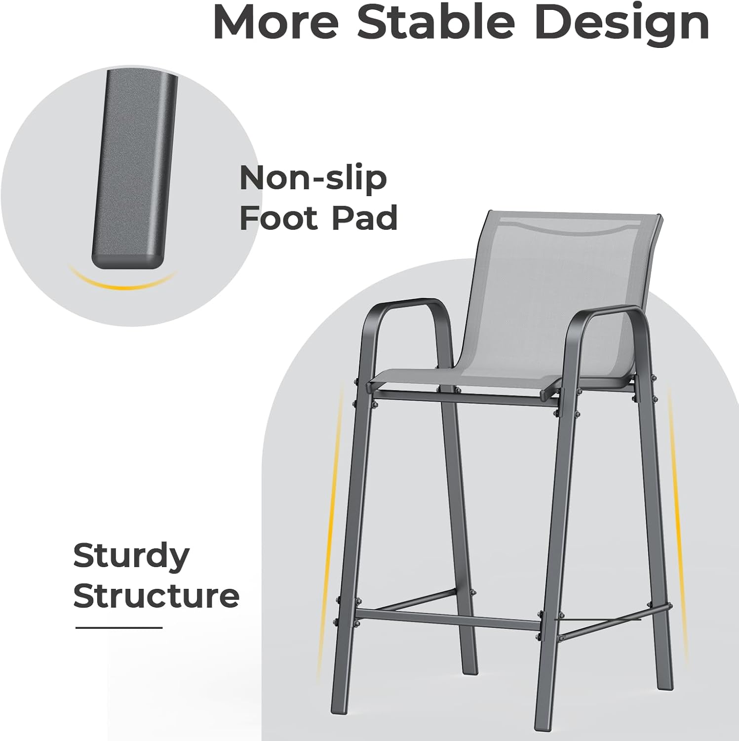 Outdoor Bar Stool Set of 4, Patio Bar Chairs with High Back and Metal Armrest, All Weather Textilene Tall Outdoor Bar Height Chairs for Balcony, Porch