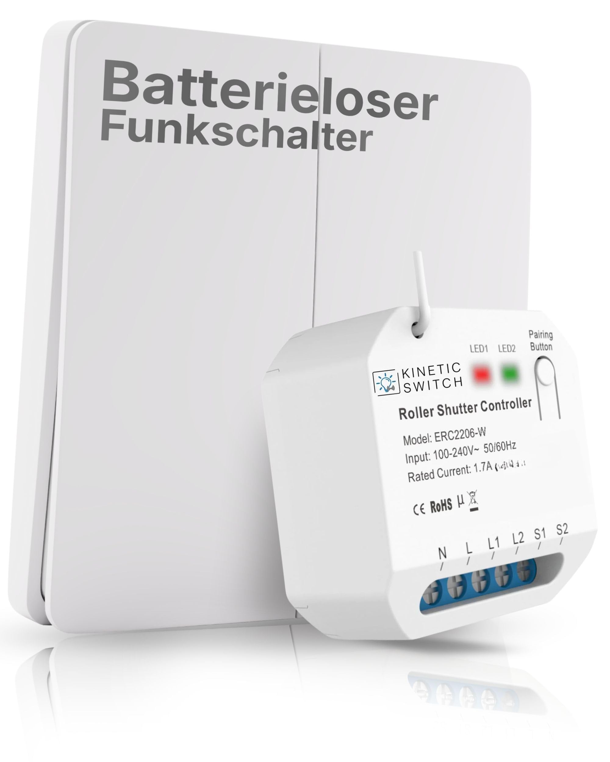 Hochwertiger Funkschalter 230V Rollladen Motor | 2-Fach Funk Lichtschalter Set IP67 | Jalousie Empfänger batterielos | 80m Reichweite | WLAN Schalter Alexa