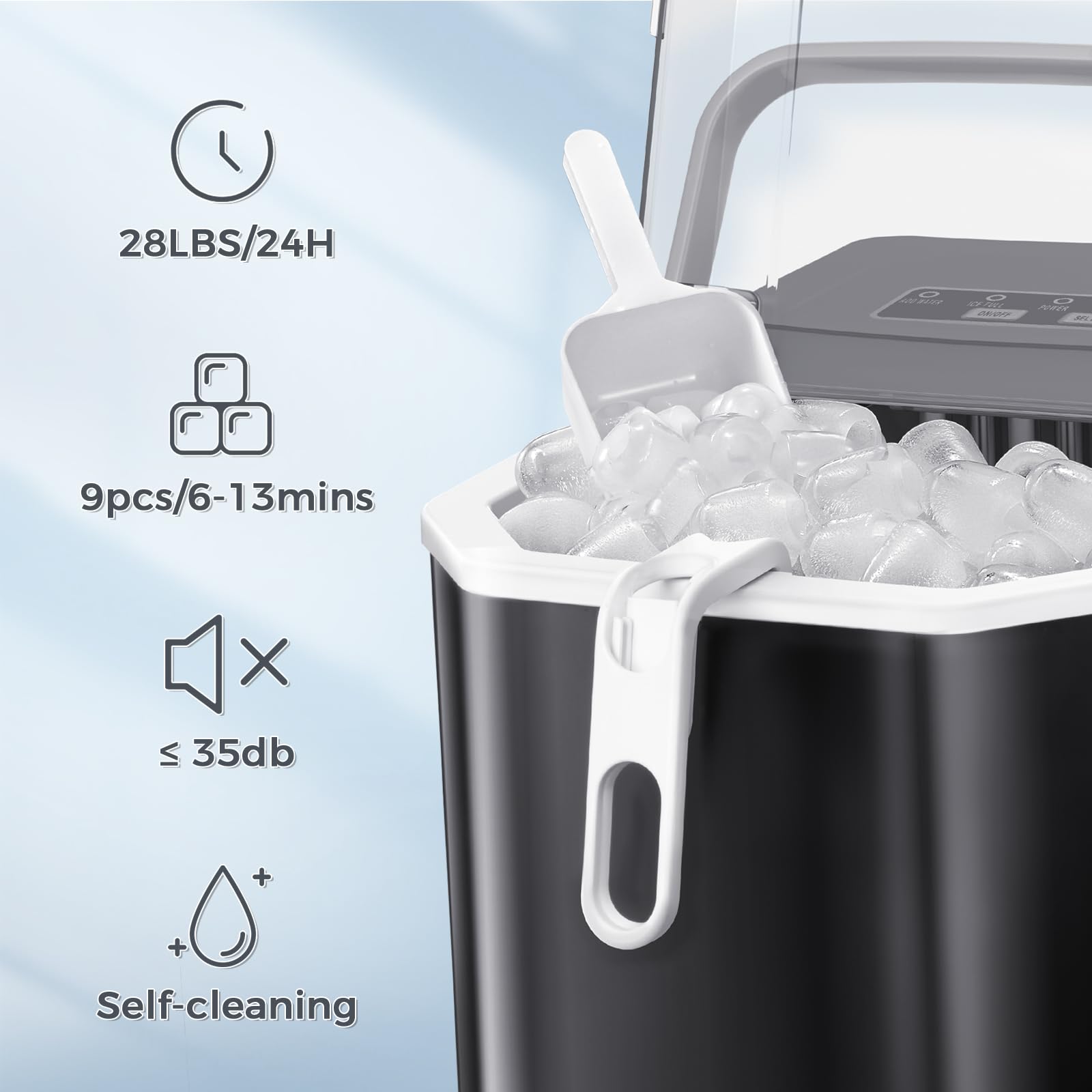 Antarctic Star Portable Ice Maker, 9 Ice Cubes In 6-12mins, 28 Lbs/Day, 2 Size Of Bullet Ice, Ice Maker Machine, Self-Cleaning Function With Ice Scoop And Basket For Home/Kitchen/Office/RV(Black) on Fridge.com - View 3