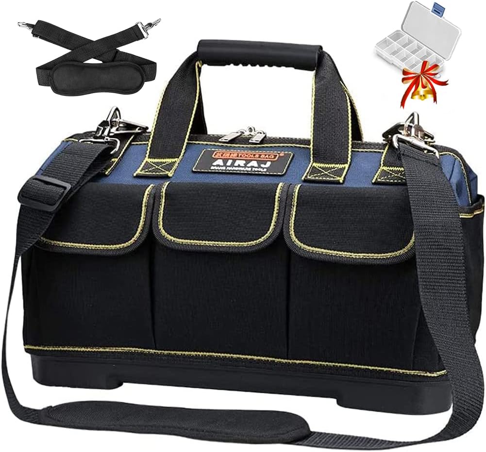AIRAJ Tool Bag Organiser Hard Bottom 42 * 23 * 29cm/ 16-Inch,Water Proof Large Tool Bag with ABS Molded Base,Electrician Tool Bags Adjustable Shoulder Strap,Professional Wide Mouth ToolBag