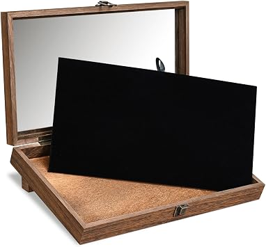 MOOCA Wooden Jewelry Display Case with Tempered Glass Top, Velvet Pad | Brown wood display case with tempered-glass top, removable black velvet pad, and 20 pins for jewelry and collectibles.