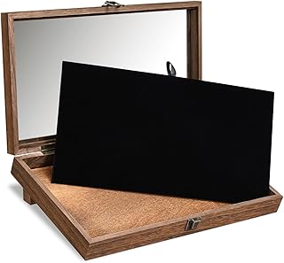 MOOCA Tempered-Glass Top Wooden Jewelry Display Case with Removable Base, Black Luxurious Velvet Jewelry
