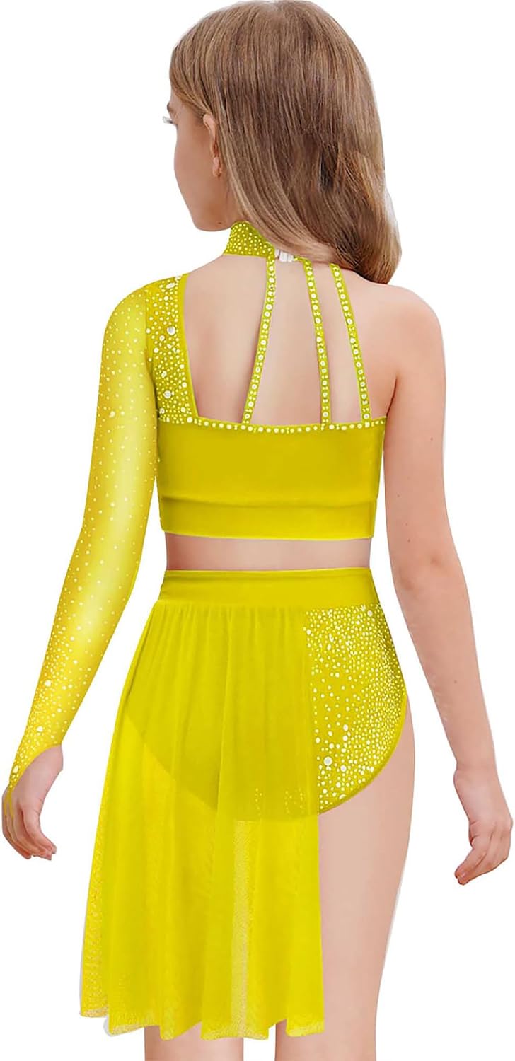 Kids Girls Ballet Dance Outfits Glittery Rhinestone Crop Top with Skirted Leotard 2-Piece Lyrical Dancewear