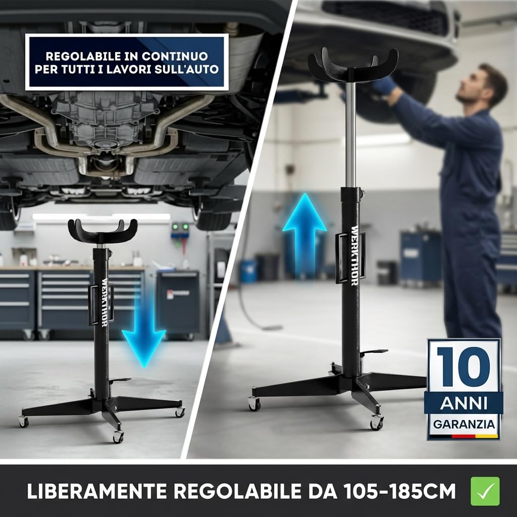 WERKTHOR Podnośnik do skrzyni biegów 500 kg hydrauliczny i regulowany 105-185 cm – Podnośnik silnika Faulenzer do warsztatu – Podnośnik do skrzyni biegów pojazdów z możliwością przewijania z 4 rolkami