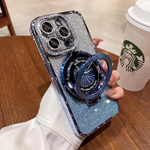 OUROL Funda magnética con función atril (protector de lente con purpurina) para iPhone 15, 14, 13, 12 Pro Max (compatible con Magsafe), cubierta de diamantes de imitación brillantes (azul, para iPhone