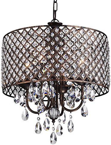 Edvivi Marya Drum Crystal Chandelier, 4 Lights Glam Lighting Fixture, Antique Copper Finish, Adjustable Ceiling Light with Round Crystal Drum Shade for Living Room, Bedroom, Kitchen