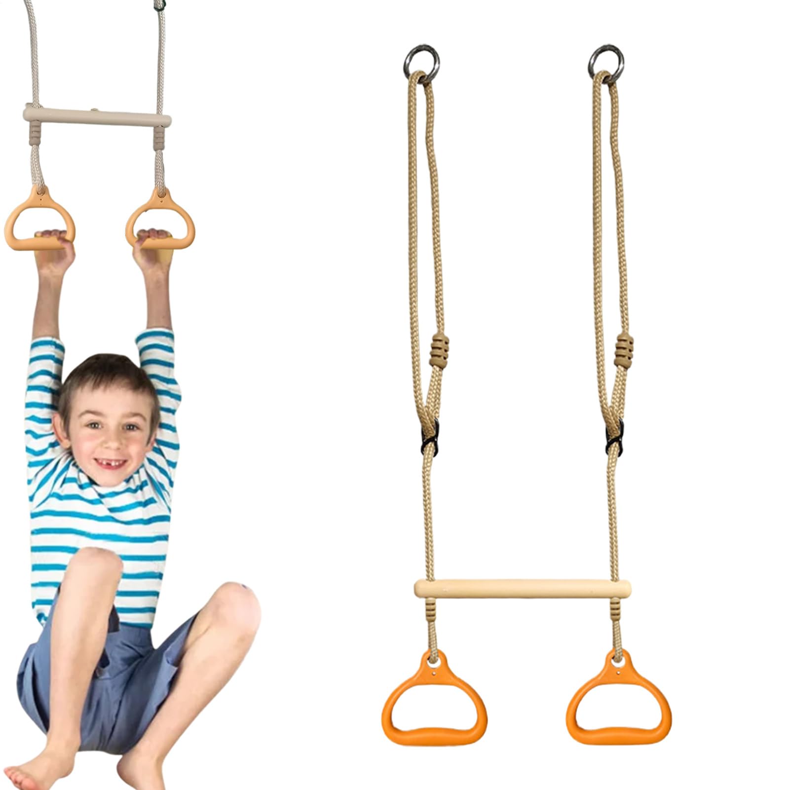 Trapeze Bar Swing, Trapeze Bar with Rings, Ergonomic Monkey Bars Rings Swingset, Jungle Gym Accessories for Adults, Children, Backyard, Playground, Indoor, Outdoor