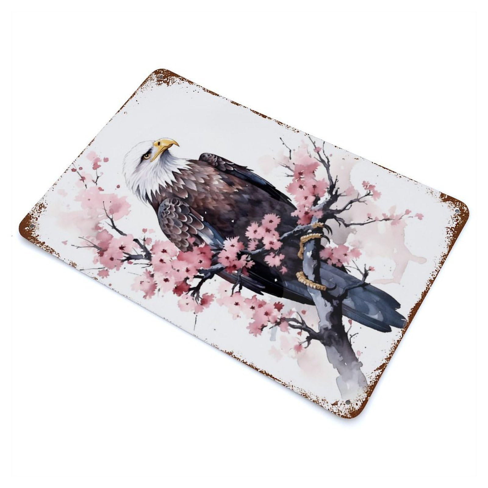 Bald Eagle Cherry Blossom Rustic Tin Plaque 11.8"x7.9", Ideal for Shed, Workshop And Garage Wall Decor