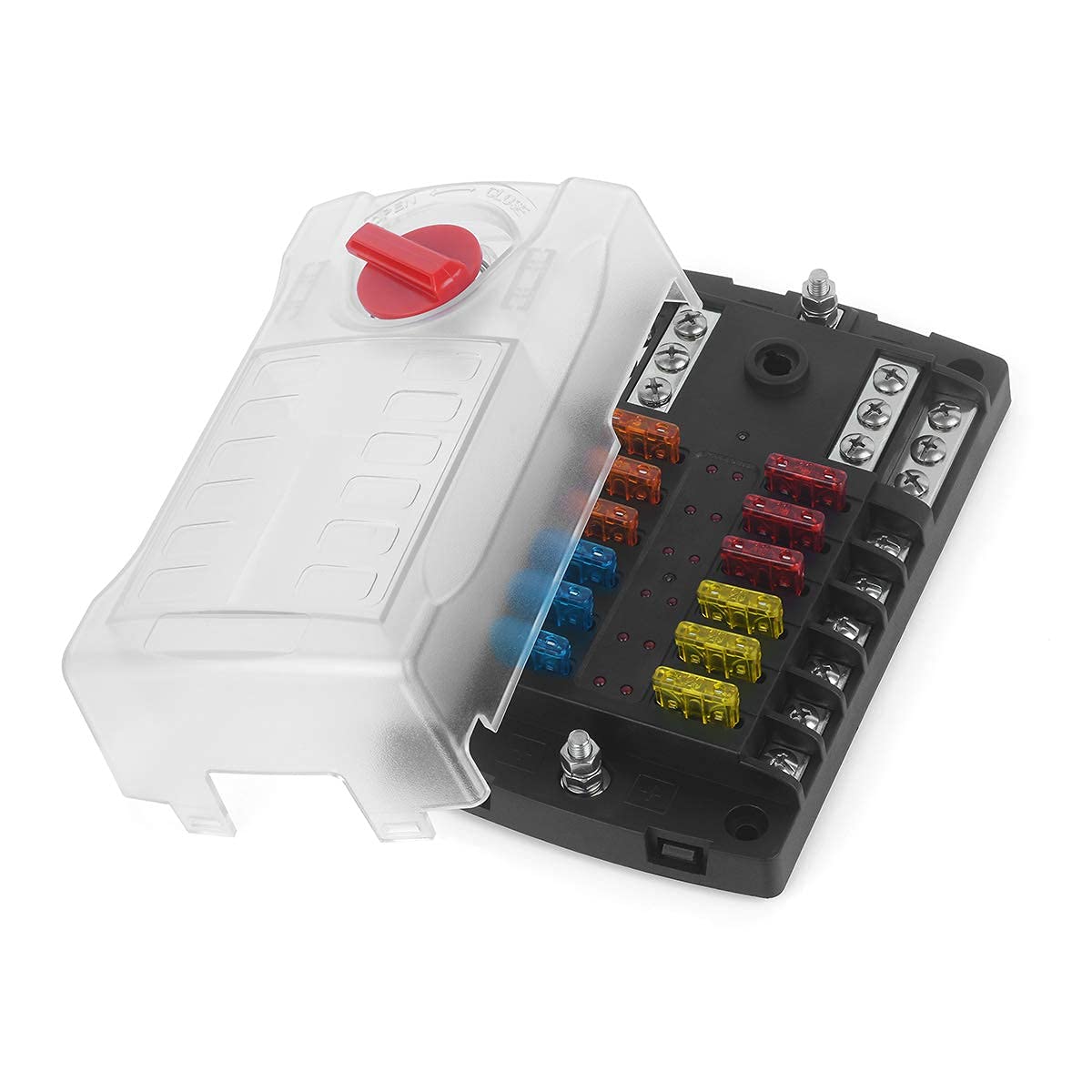 Boîte à fusibles 12 V pour voiture - 12 compartiments - Avec affichage LED - Couvercle de protection et 12 fusibles standard pour voiture, bateau, RV, Van, Suv, camion