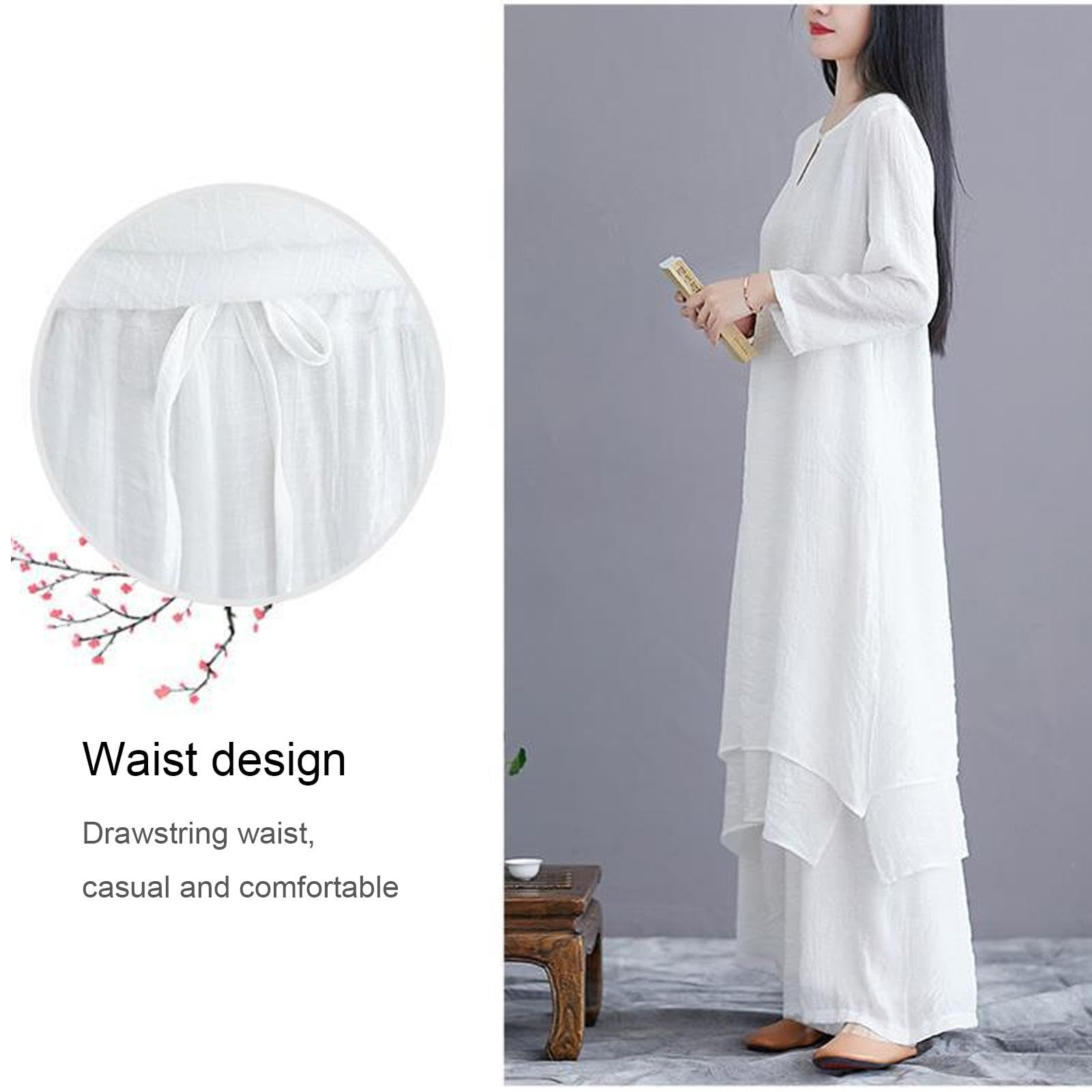 Abbigliamento Tai Chi da Donna in Seta e Lino, Uniforme Kung Fu, Tuta a Maniche Lunghe per Arti Marziali, per Meditazione Zen, Esercizi Mattutini,White-M